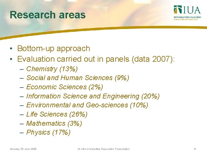 Research areas • Bottom-up approach • Evaluation carried out in panels (data 2007): –