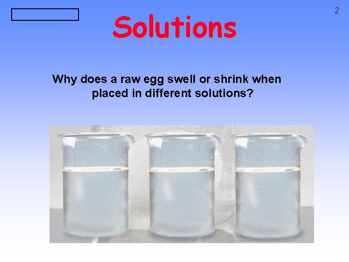 Solutions Why does a raw egg swell or shrink when placed in different solutions? Solutions Why does a raw egg swell or shrink when placed in different solutions?
