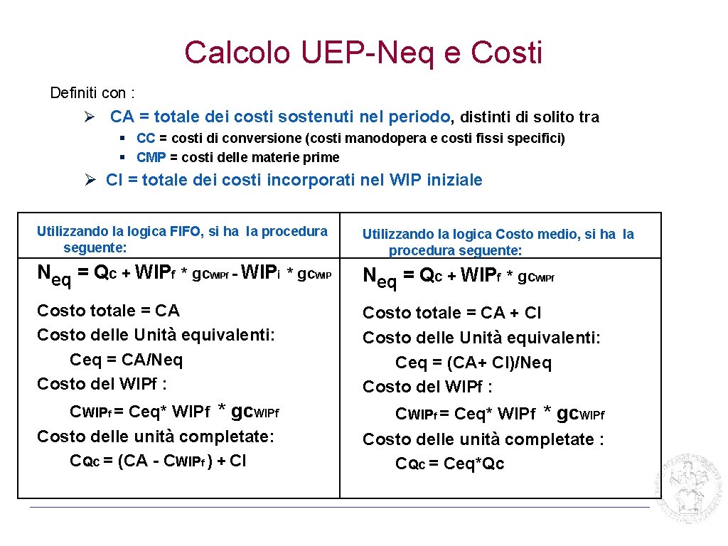 Calcolo UEP-Neq e Costi Definiti con : Ø CA = totale dei costi sostenuti