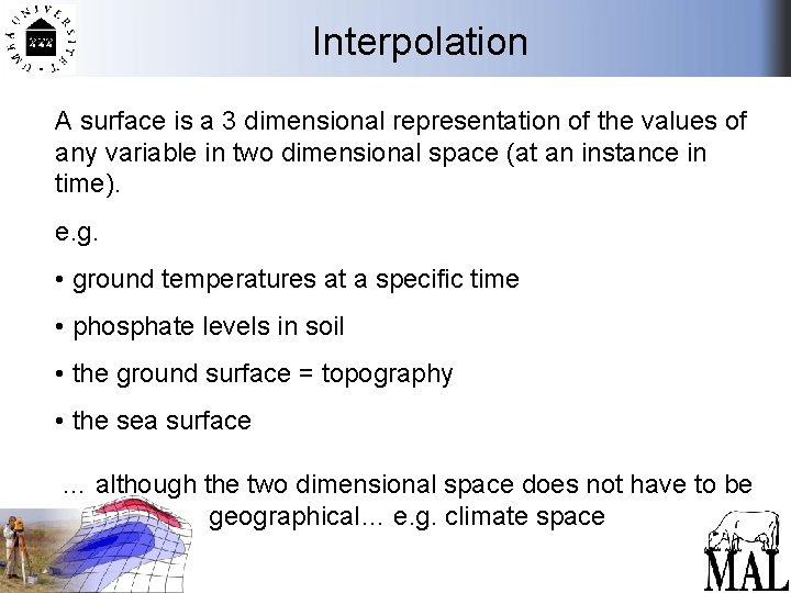 Interpolation A surface is a 3 dimensional representation of the values of any variable