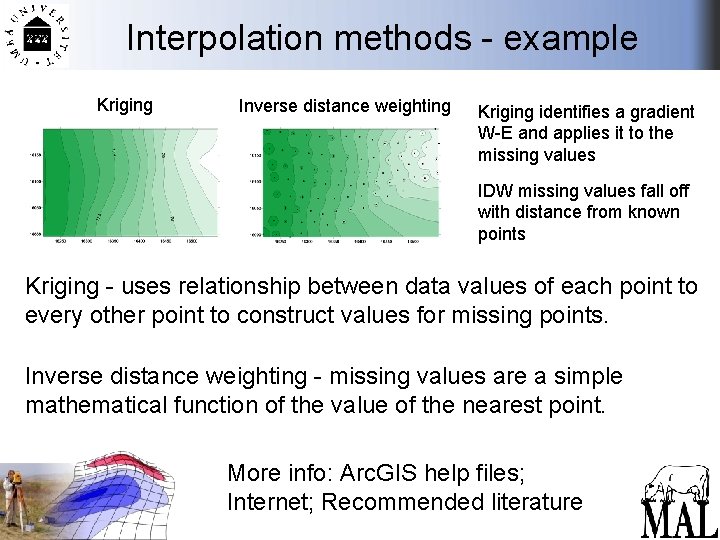 Interpolation methods - example Kriging Inverse distance weighting Kriging identifies a gradient W-E and