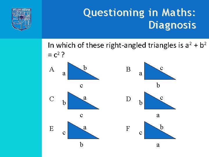 Questioning in Maths: Diagnosis In which of these right-angled triangles is a 2 +