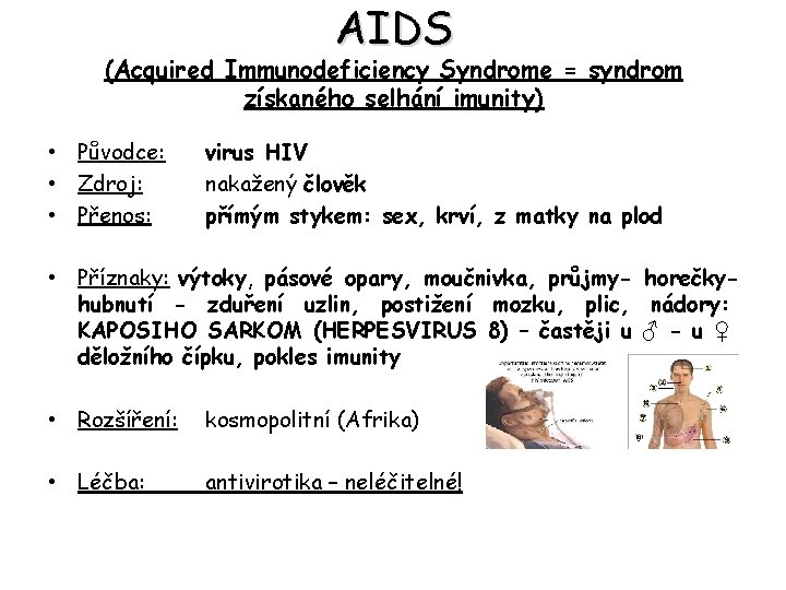 AIDS (Acquired Immunodeficiency Syndrome = syndrom získaného selhání imunity) • Původce: • Zdroj: •