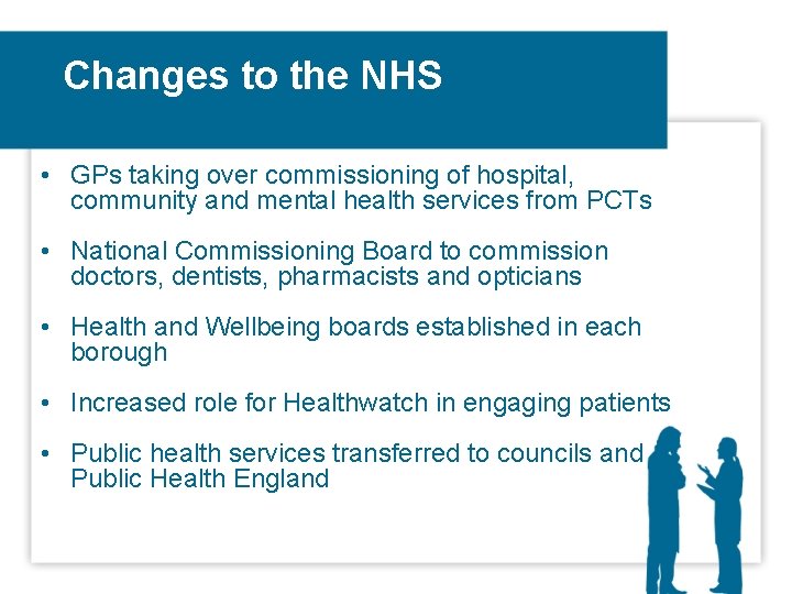 Changes to the NHS • GPs taking over commissioning of hospital, community and mental