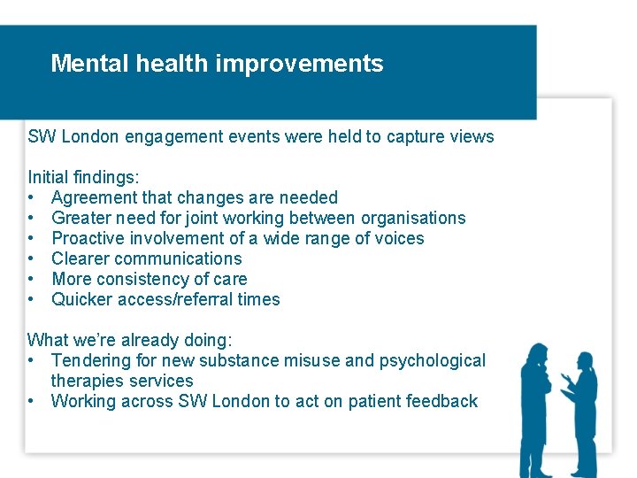 Mental health improvements SW London engagement events were held to capture views Initial findings: