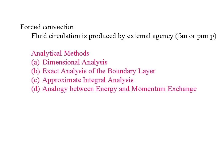 Forced convection Fluid circulation is produced by external agency (fan or pump) Analytical Methods Forced convection Fluid circulation is produced by external agency (fan or pump) Analytical Methods