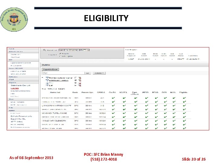 ELIGIBILITY As of 08 September 2013 POC: SFC Brian Manny (518) 272 -4018 Slide