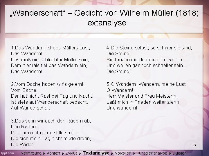 „Wanderschaft“ – Gedicht von Wilhelm Müller (1818) Textanalyse 1. Das Wandern ist des Müllers