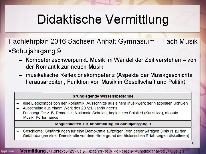 Didaktische Vermittlung Fachlehrplan 2016 Sachsen-Anhalt Gymnasium – Fach Musik • Schuljahrgang 9 – Kompetenzschwerpunkt: