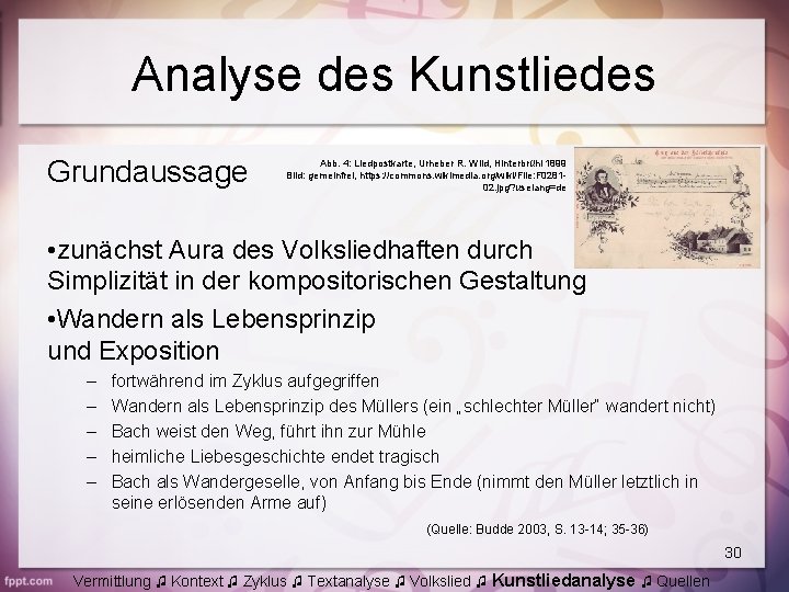 Analyse des Kunstliedes Grundaussage Abb. 4: Liedpostkarte, Urheber R. Wild, Hinterbrühl 1899 Bild: gemeinfrei,