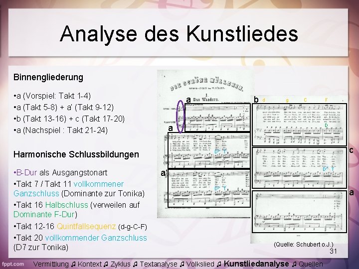 Analyse des Kunstliedes Binnengliederung • a (Vorspiel: Takt 1 -4) • a (Takt 5