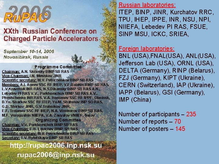Russian laboratories: ITEP, BINP, JINR, Kurchatov RRC, TPU, IHEP, IPPE, INR, NSU, NPI, NIIEFA, Russian laboratories: ITEP, BINP, JINR, Kurchatov RRC, TPU, IHEP, IPPE, INR, NSU, NPI, NIIEFA,