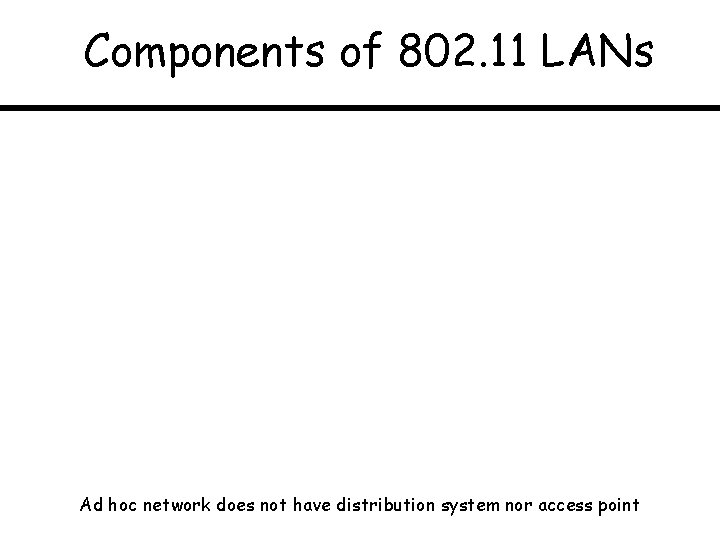 Components of 802. 11 LANs Ad hoc network does not have distribution system nor