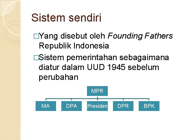 Sistem sendiri �Yang disebut oleh Founding Fathers Republik Indonesia �Sistem pemerintahan sebagaimana diatur dalam