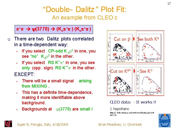 “Double- Dalitz ” Plot Fit: An example from CLEO c e+e- (3770) (Ks +