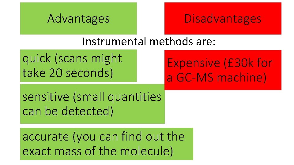 Advantages Disadvantages Instrumental methods are: quick (scans might take 20 seconds) Expensive (£ 30