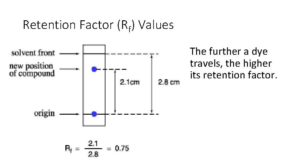Retention Factor (Rf) Values The further a dye travels, the higher its retention factor.
