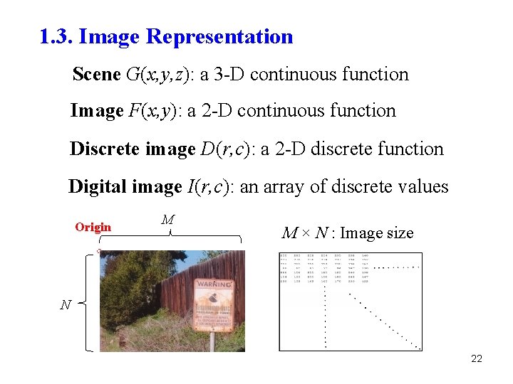 1. 3. Image Representation Scene G(x, y, z): a 3 -D continuous function Image