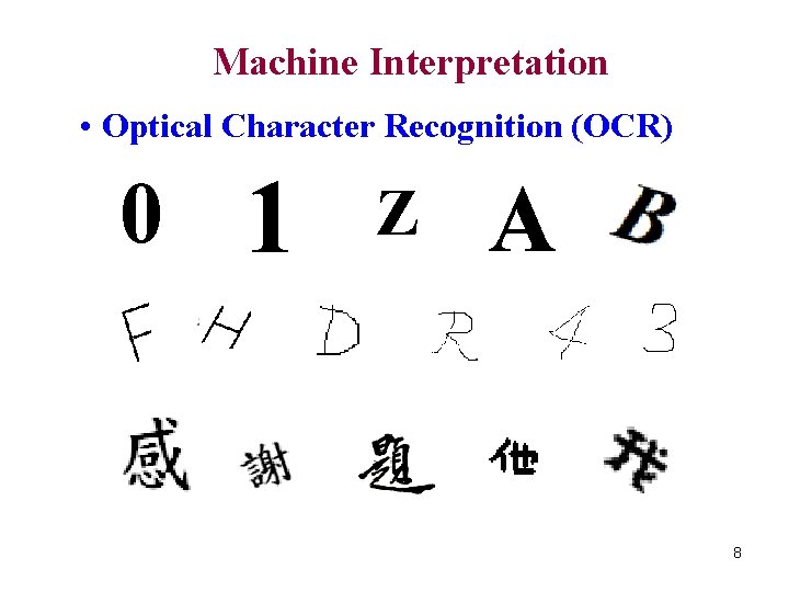 Machine Interpretation • Optical Character Recognition (OCR) 0 1 Z A 8 