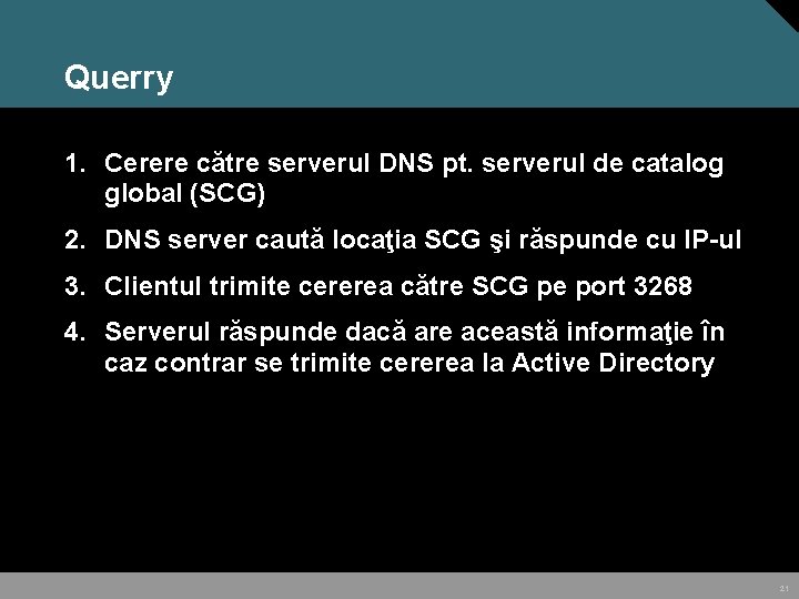 Querry 1. Cerere către serverul DNS pt. serverul de catalog global (SCG) 2. DNS