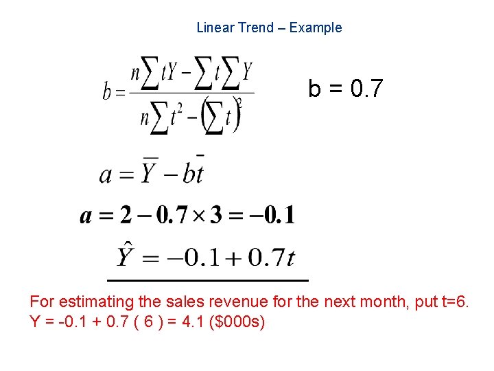 Linear Trend – Example b = 0. 7 For estimating the sales revenue for