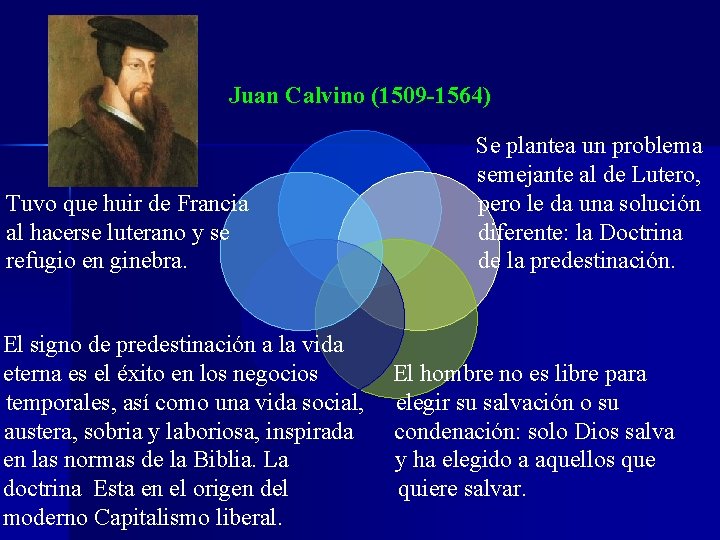 Juan Calvino (1509 -1564) Tuvo que huir de Francia al hacerse luterano y se