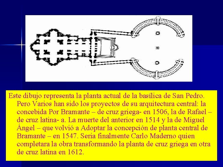 Este dibujo representa la planta actual de la basílica de San Pedro. Pero Varios