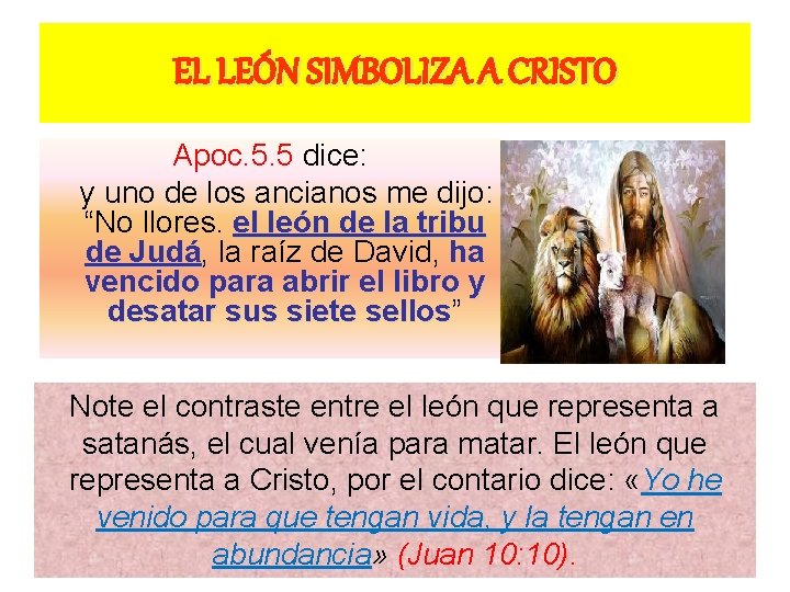 EL LEÓN SIMBOLIZA A CRISTO Apoc. 5. 5 dice: y uno de los ancianos EL LEÓN SIMBOLIZA A CRISTO Apoc. 5. 5 dice: y uno de los ancianos