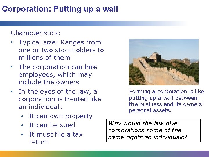 Corporation: Putting up a wall Characteristics: • Typical size: Ranges from one or two