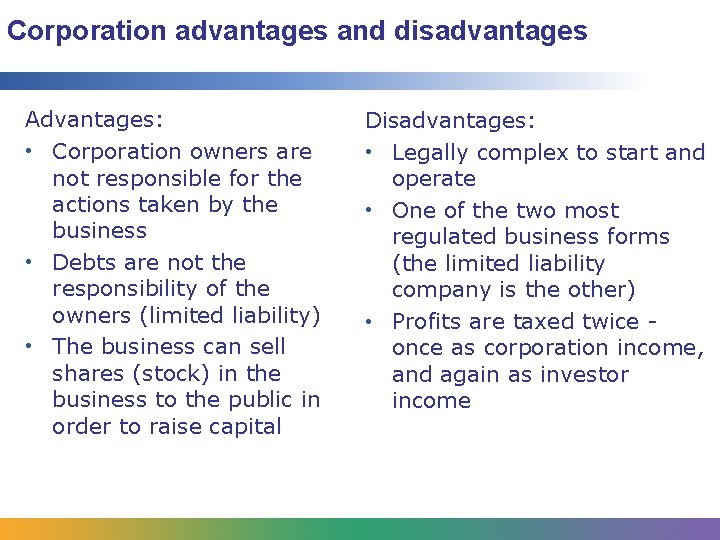 Corporation advantages and disadvantages Advantages: • Corporation owners are not responsible for the actions
