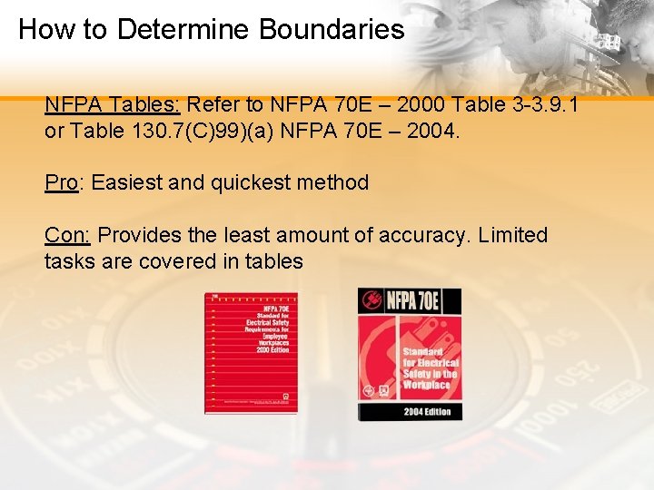 How to Determine Boundaries NFPA Tables: Refer to NFPA 70 E – 2000 Table