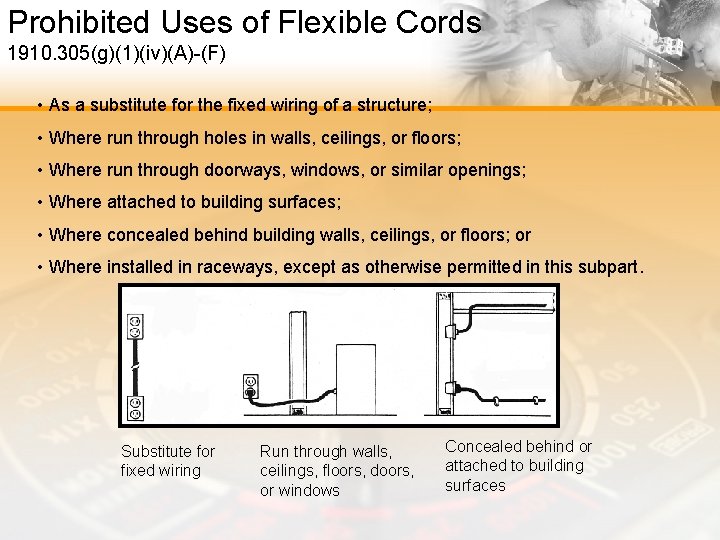 Prohibited Uses of Flexible Cords 1910. 305(g)(1)(iv)(A)-(F) • As a substitute for the fixed