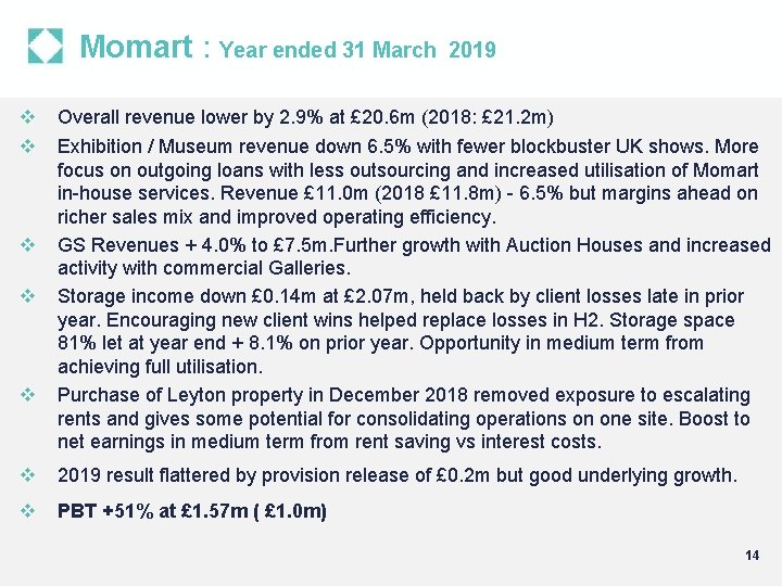 Momart : Year ended 31 March 2019 v v v Overall revenue lower by