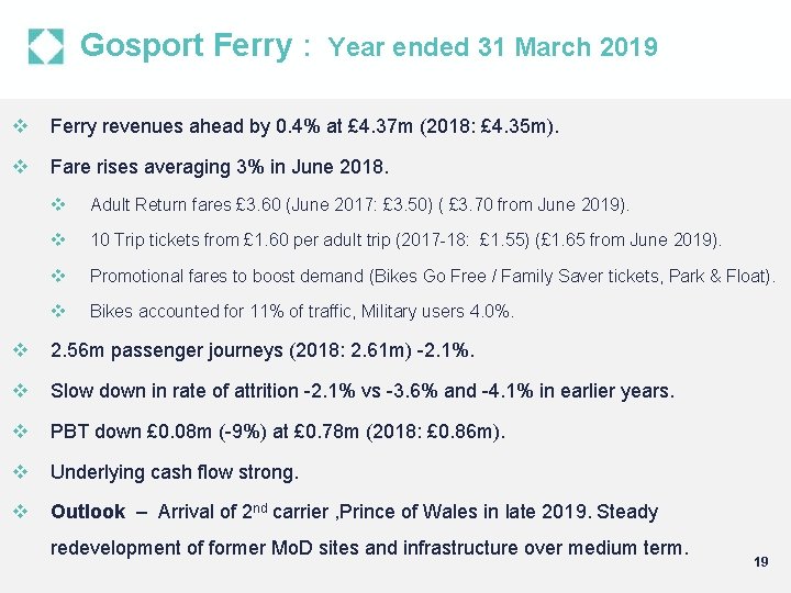 Gosport Ferry : Year ended 31 March 2019 v Ferry revenues ahead by 0.