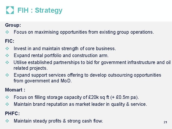 FIH : Strategy Group: v Focus on maximising opportunities from existing group operations. FIC: