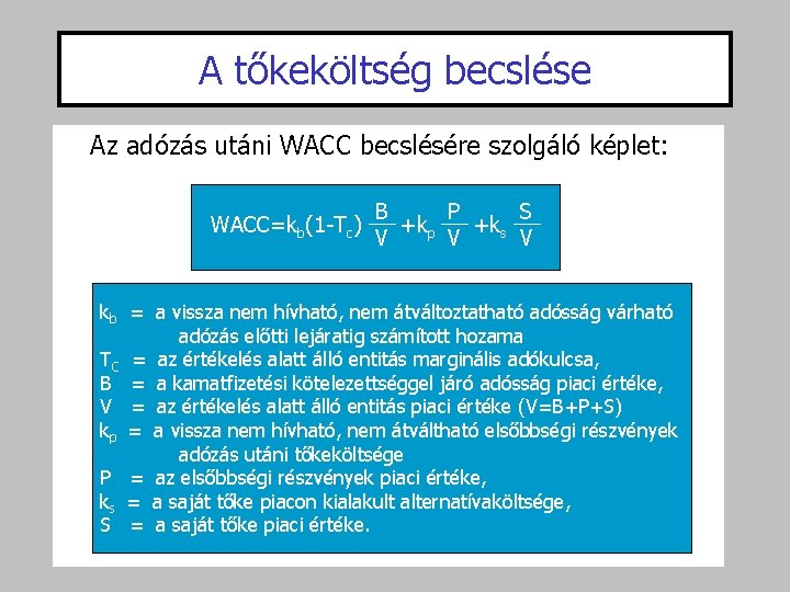 A tőkeköltség becslése Az adózás utáni WACC becslésére szolgáló képlet: WACC=kb(1 -Tc) B P