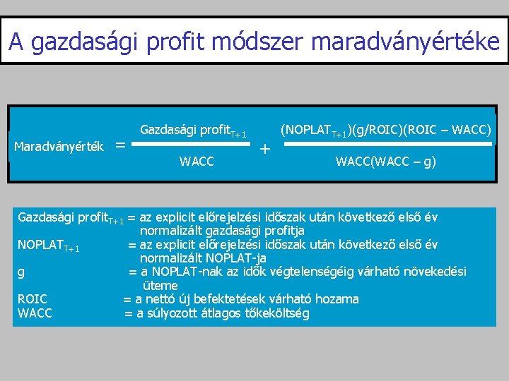 A gazdasági profit módszer maradványértéke Maradványérték = Gazdasági profit. T+1 WACC + (NOPLATT+1)(g/ROIC)(ROIC –