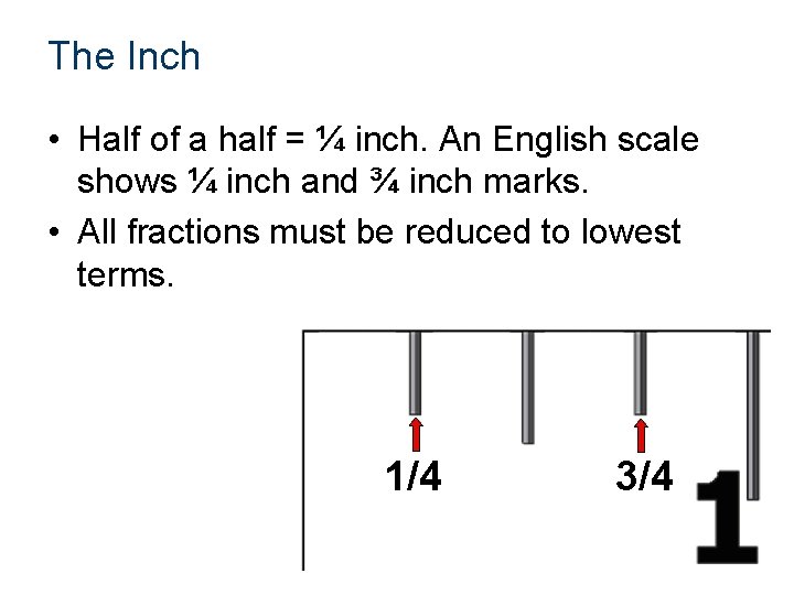 The Inch • Half of a half = ¼ inch. An English scale shows