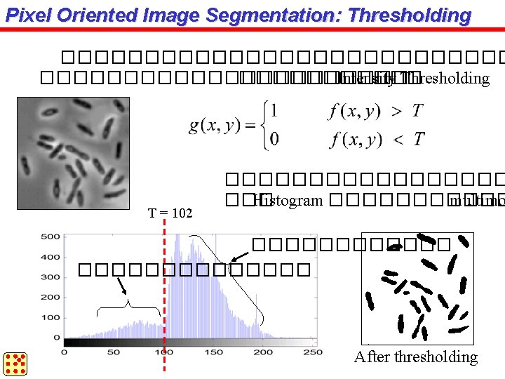 Pixel Oriented Image Segmentation: Thresholding �������������� ������ Intensity Thresholding T = 102 ��������� ���