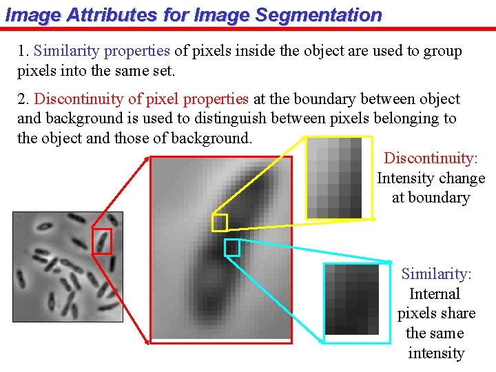 Image Attributes for Image Segmentation 1. Similarity properties of pixels inside the object are