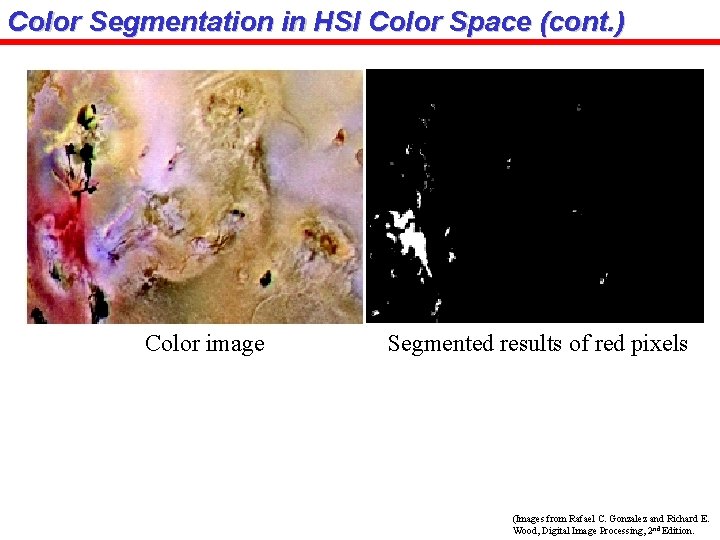 Color Segmentation in HSI Color Space (cont. ) Color image Segmented results of red