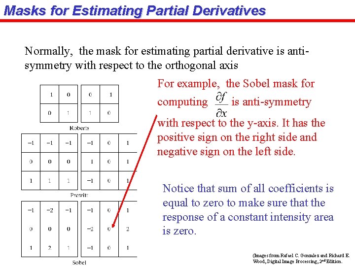 Masks for Estimating Partial Derivatives Normally, the mask for estimating partial derivative is antisymmetry