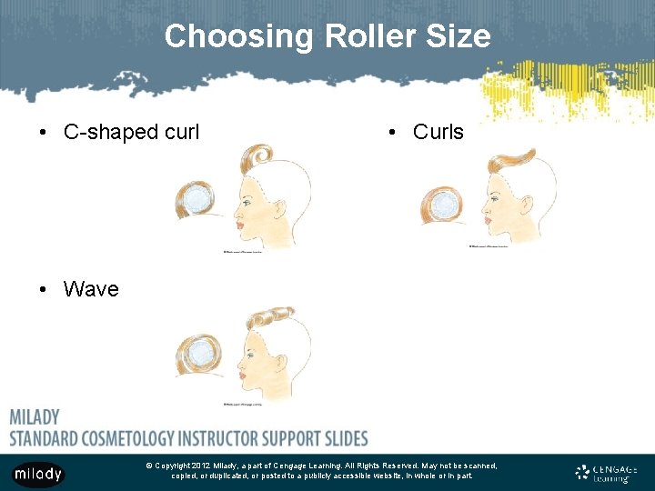 Choosing Roller Size • C-shaped curl • Curls • Wave © Copyright 2012 Milady,