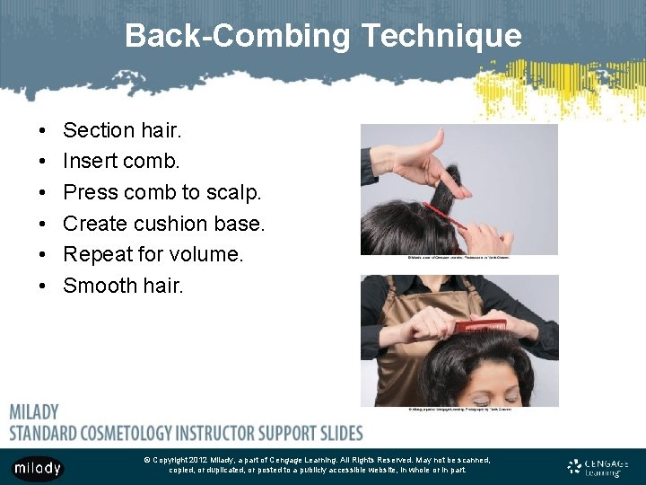 Back-Combing Technique • • • Section hair. Insert comb. Press comb to scalp. Create