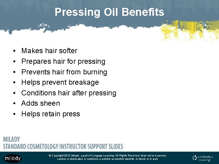 Pressing Oil Benefits • • Makes hair softer Prepares hair for pressing Prevents hair