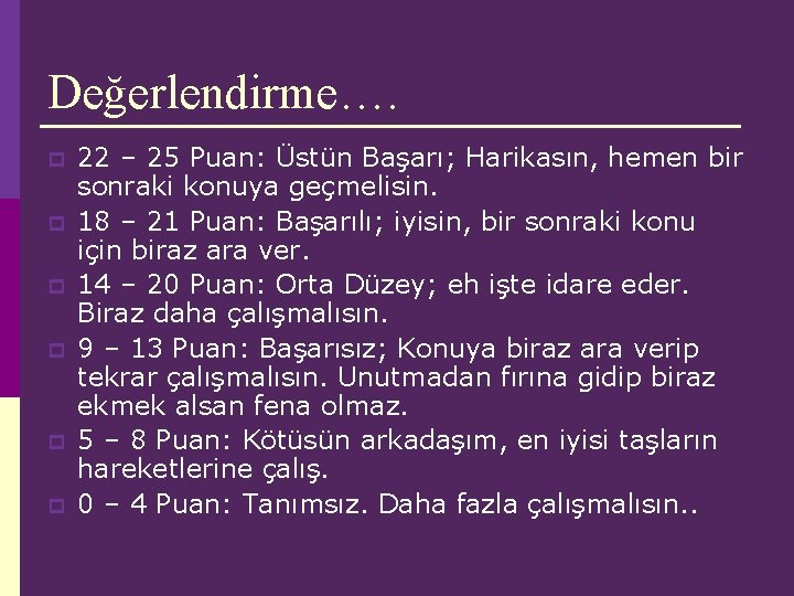 Değerlendirme…. p p p 22 – 25 Puan: Üstün Başarı; Harikasın, hemen bir sonraki Değerlendirme…. p p p 22 – 25 Puan: Üstün Başarı; Harikasın, hemen bir sonraki