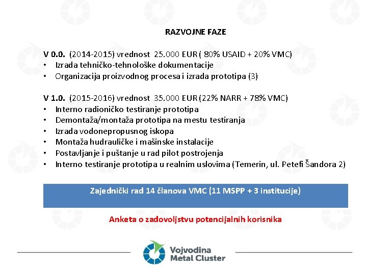 RAZVOJNE FAZE V 0. 0. (2014 -2015) vrednost 25. 000 EUR ( 80% USAID