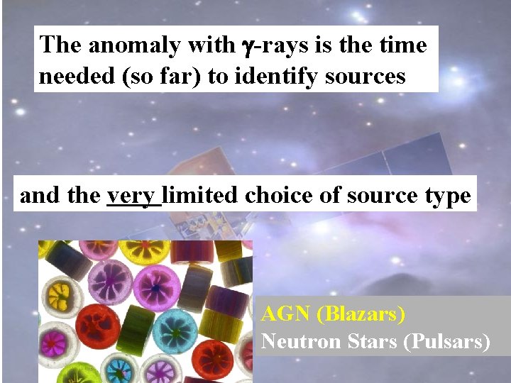 The anomaly with g-rays is the time needed (so far) to identify sources and