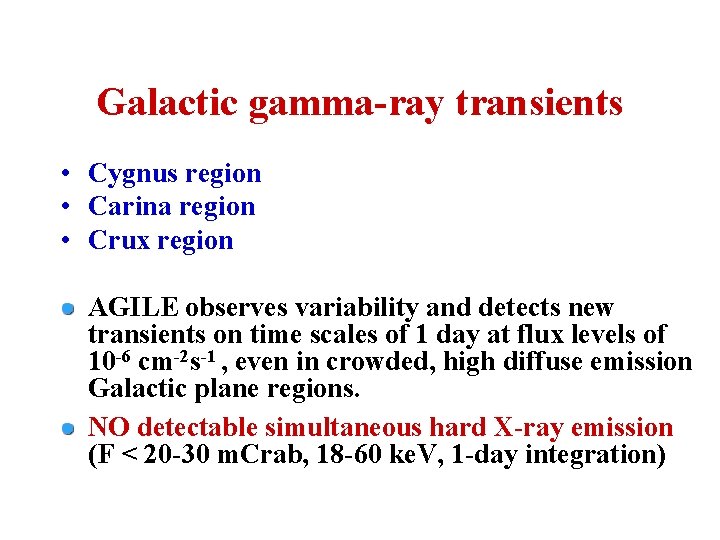 Galactic gamma-ray transients • Cygnus region • Carina region • Crux region AGILE observes