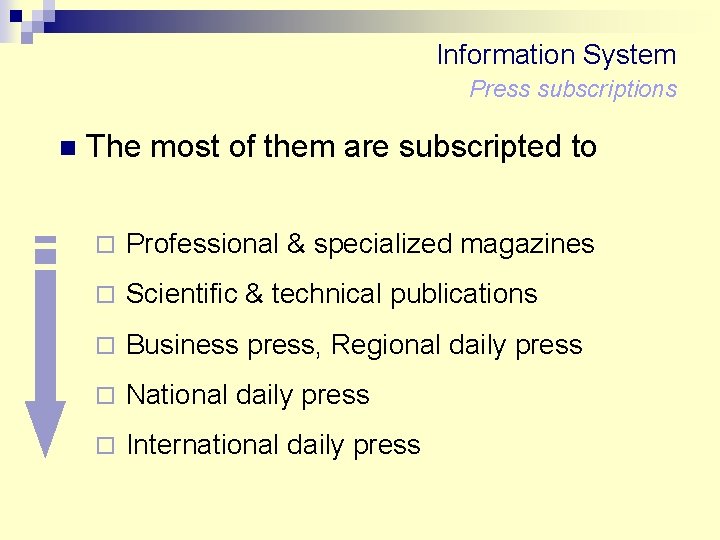 Information System Press subscriptions n The most of them are subscripted to ¨ Professional